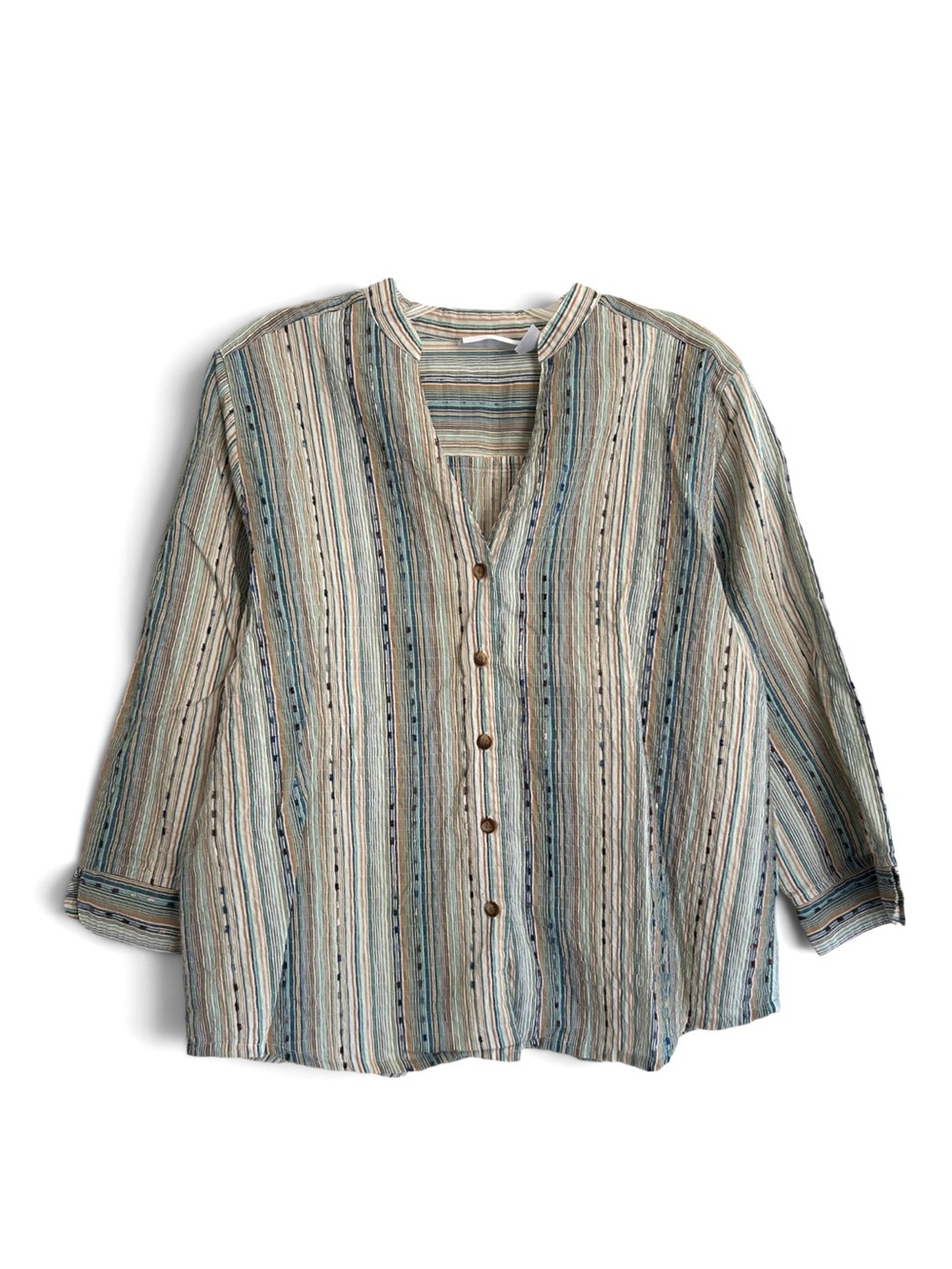 Vintage Y2K Striped Button-Front Tunic Top in Beige and Blue
